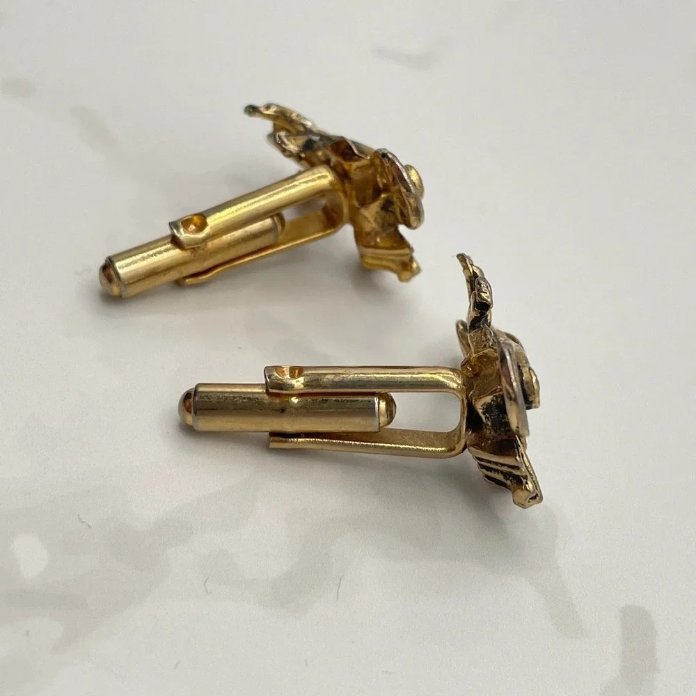 Vintage VTG Novelty Cufflinks Carriage Rickshaw Rider Clear Rhinestone Gold Tone